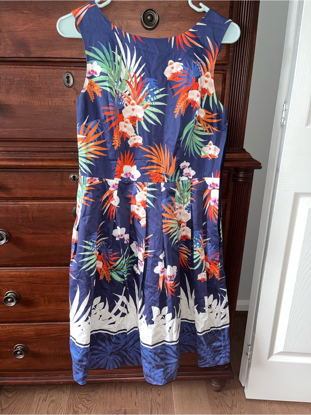 Talbots Navy Floral Tropical Sundress with Orange and Green Accents